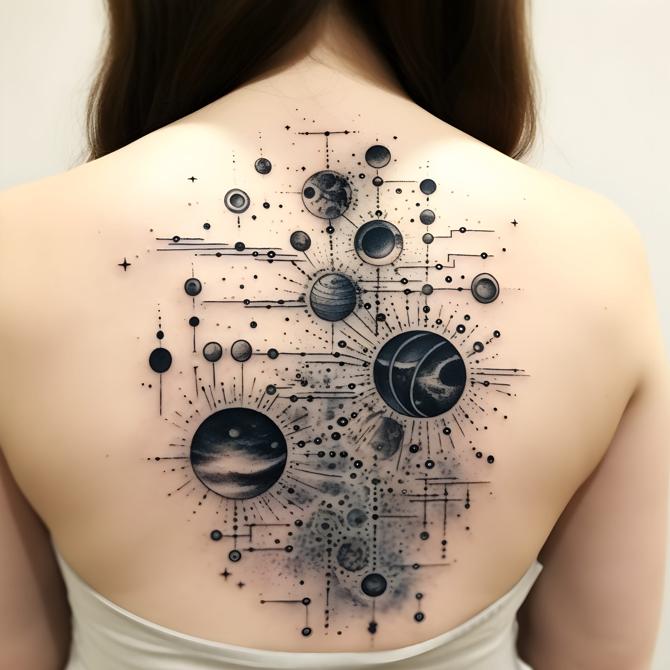 A woman's back adorned with a celestial tattoo of planets and stars in the comfort of her home.