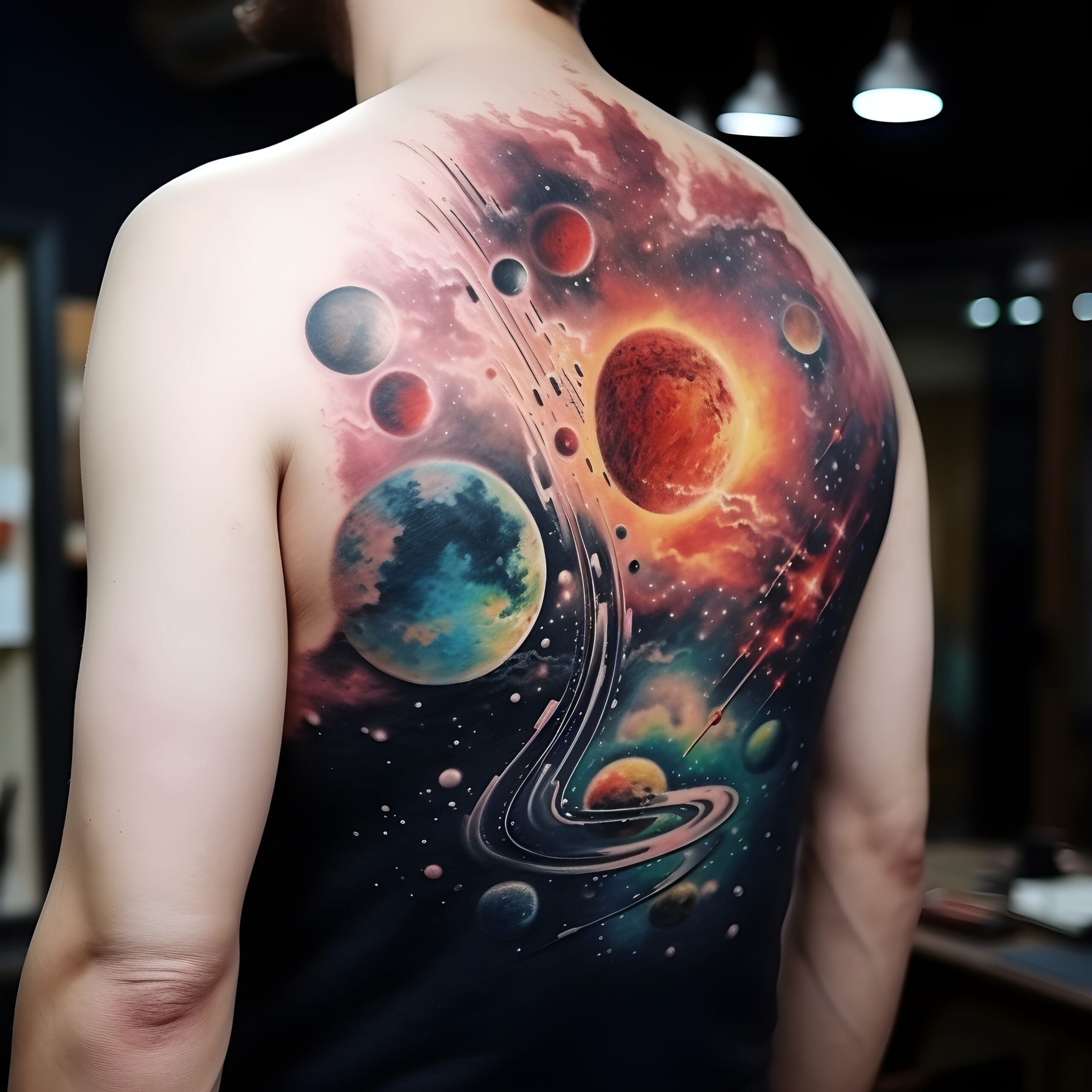 A man with a tattoo of planets on his back feels at home.